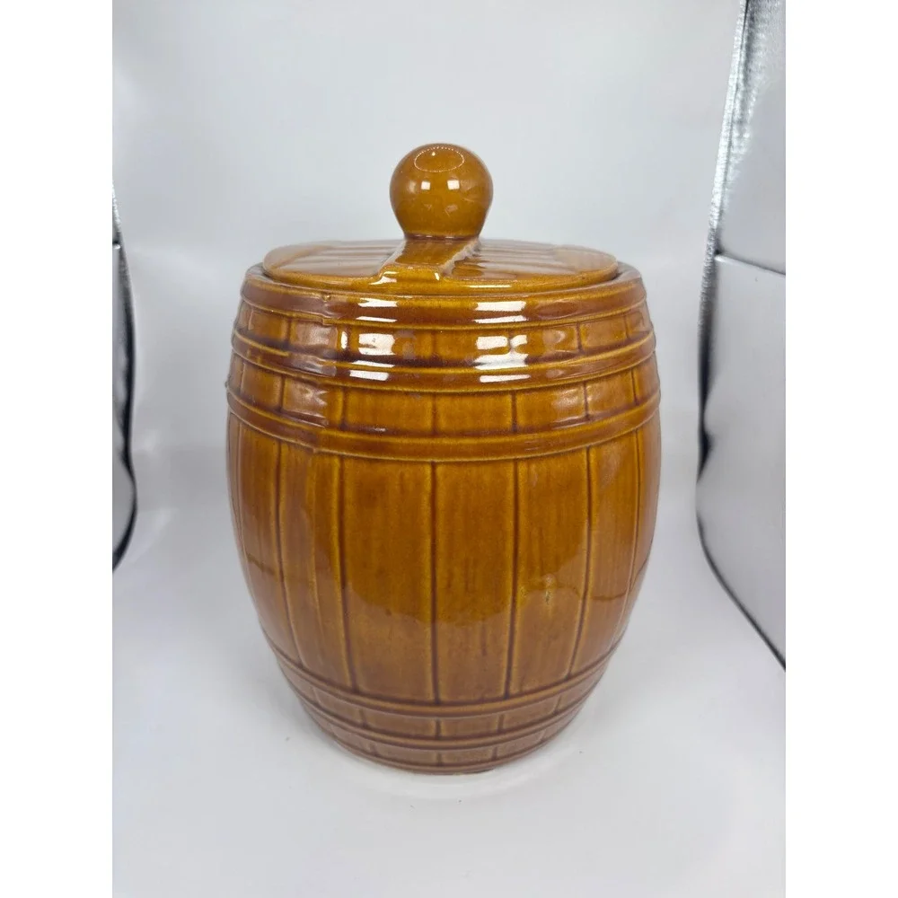 Vintage McCoy Pottery 1950s Brown Barrel Cookies Jar with Lid Mid Century Modern
